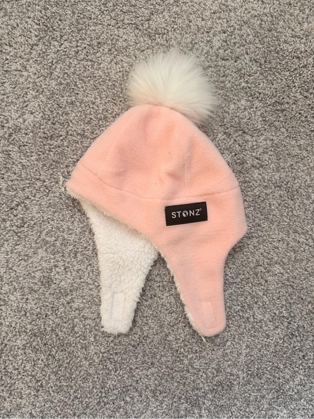 Stonz Pink Fleece Trapper Hat with White Faux-Fur Pom